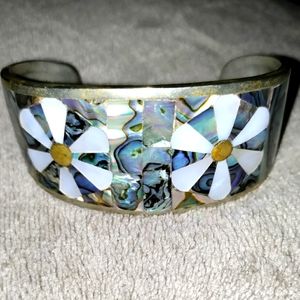 Sterling silver bangle bracelet with mother of pearl inlay
